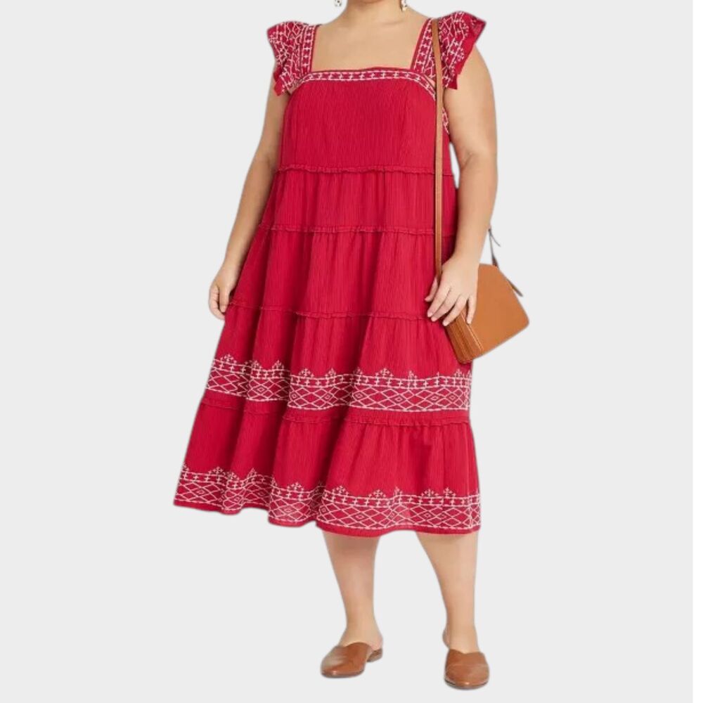NWT KNOX ROSE Red Ruffle Midi Dress Size XL Safari Flowy Square Neck Tiered